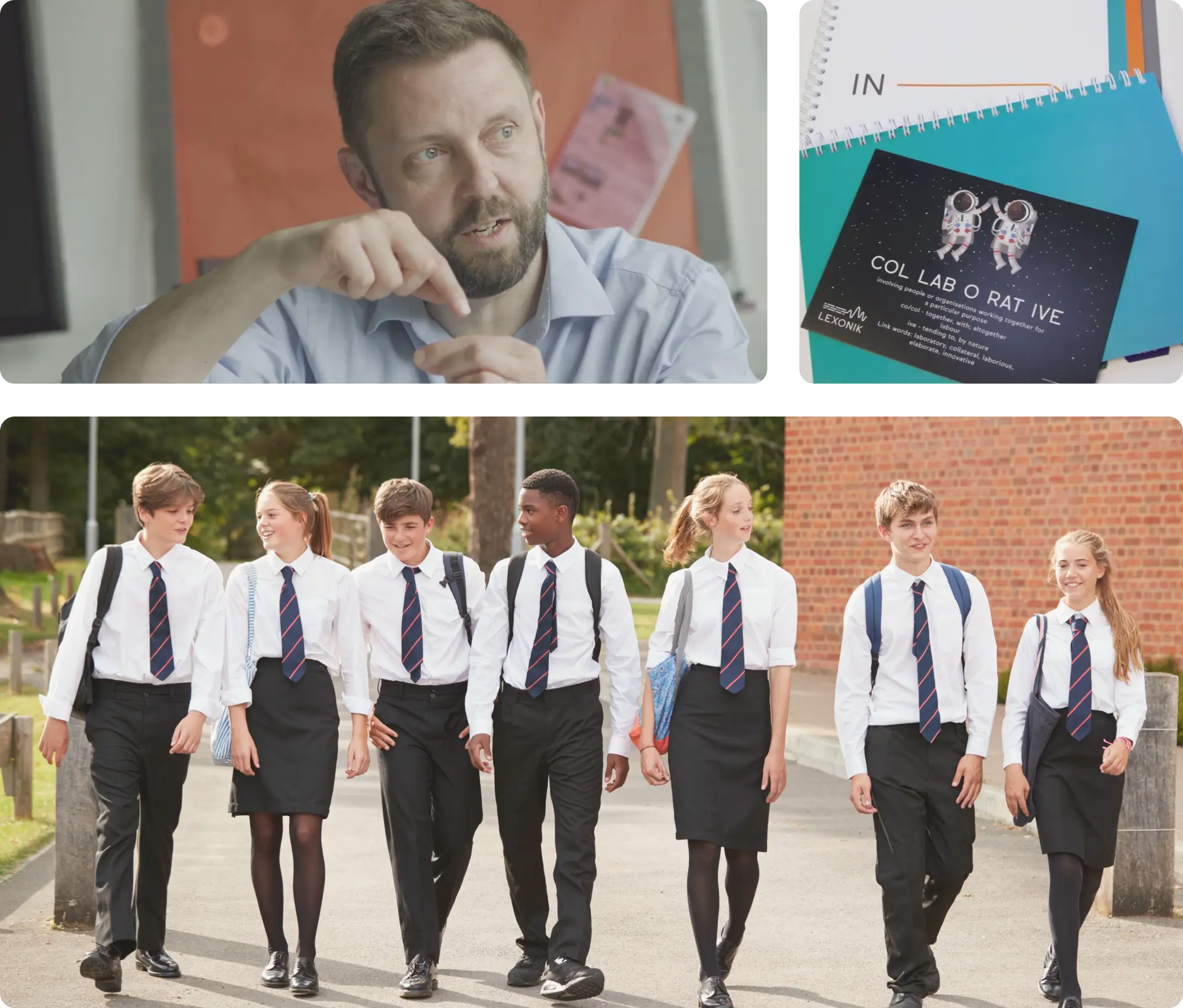 three panels of photos showing a teacher explaining a stack of lexonik teaching resources and secondary school students walking