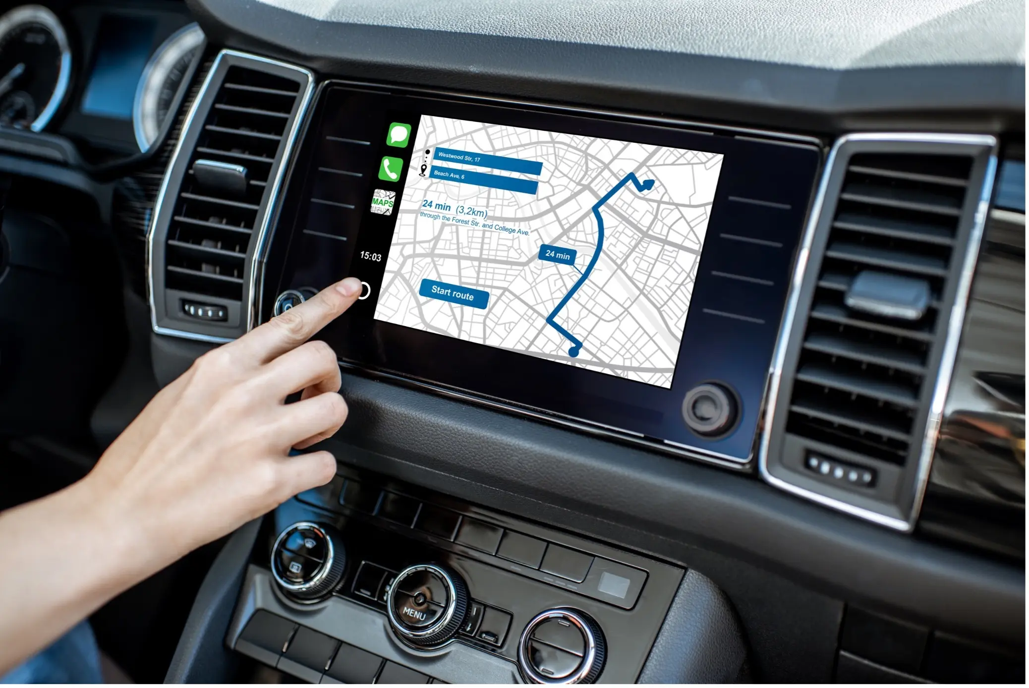 a screen interface in the dashboard of a car with a sat nav displayed on the screen