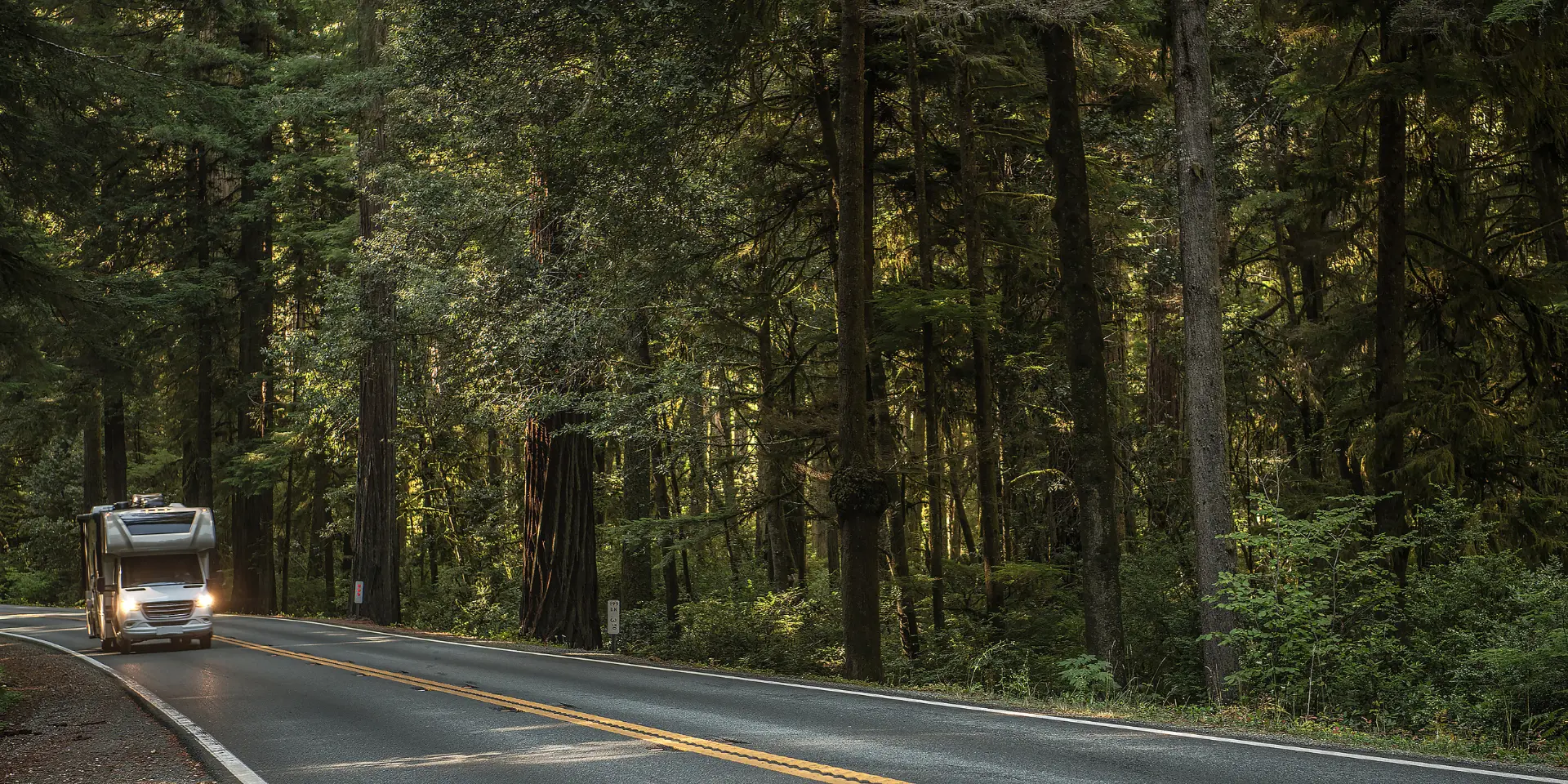 Motorhome Camper Van on the Scenic Woodland Highway