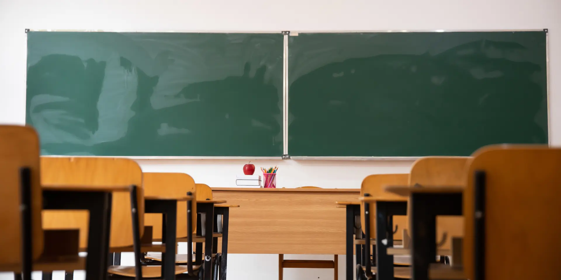 Elementary classroom no kid or teacher with chairs and tables Education concept