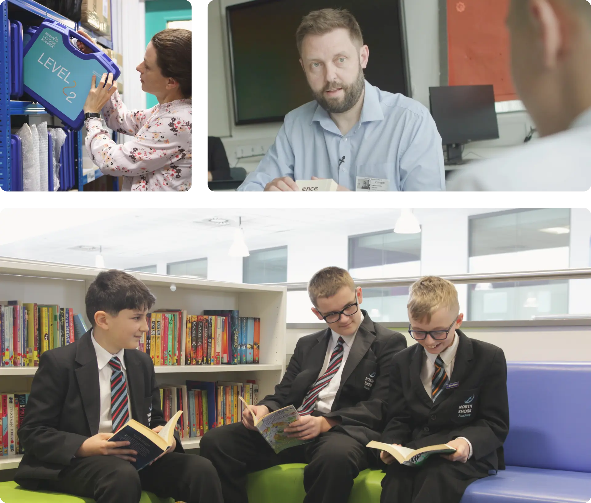 three panels of photos showing a woman putting a box of teaching resources on a shelf a techer demonstraiting the literacy programme and secondary school students in a library