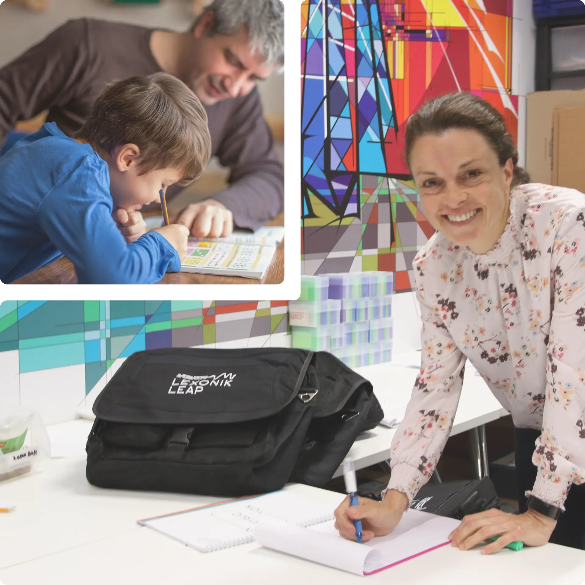 a woman packing a bag with lexonik teaching resources and a teacher helping a primary school student read