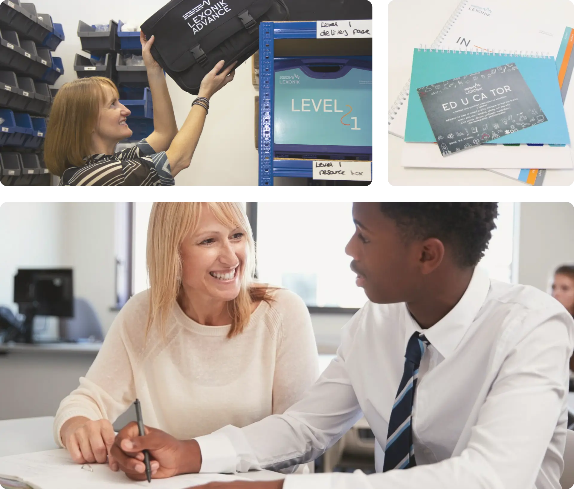 a box of lexonik resources being put on a shelf a lexonik post card and a student and teacher working together