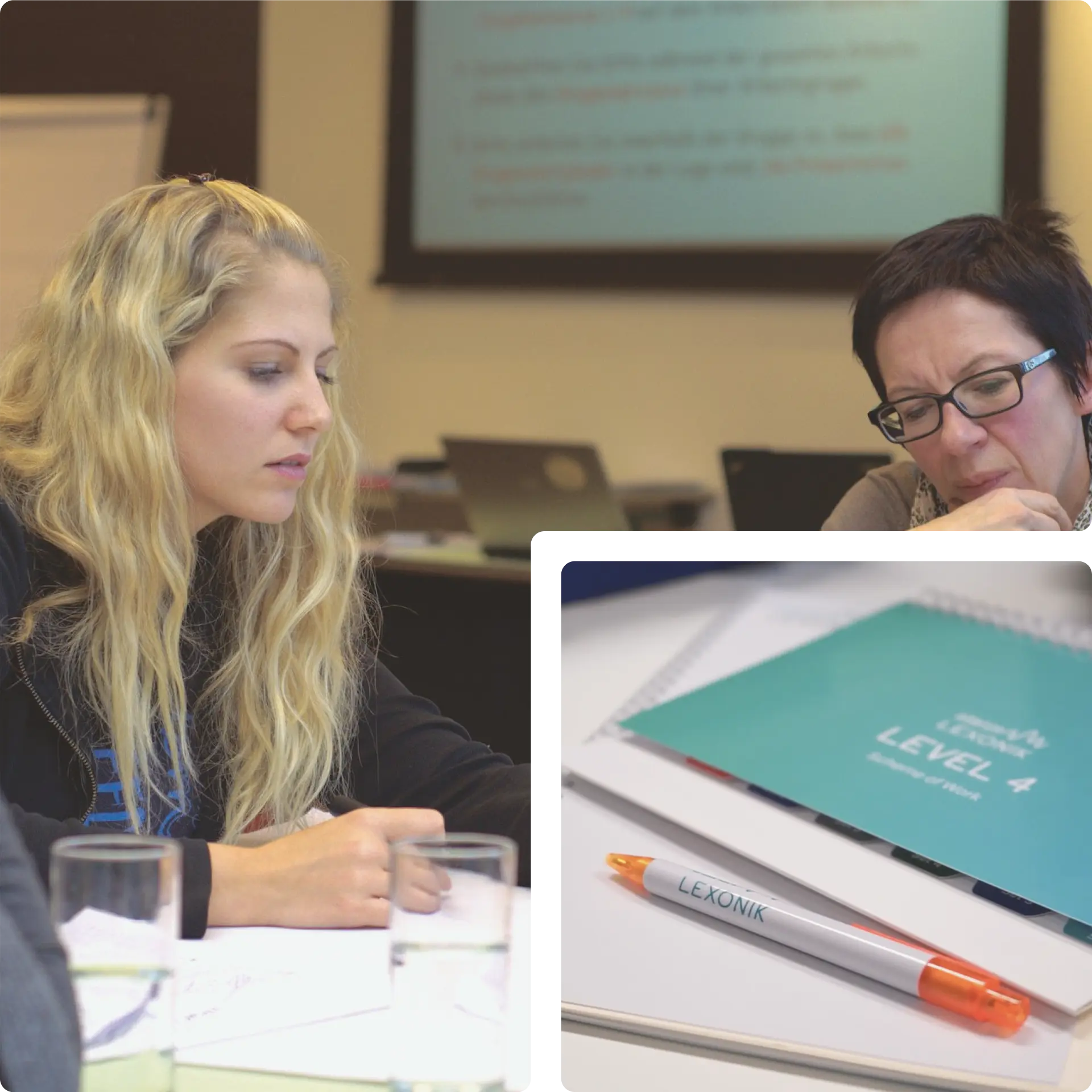 a student and teacher working at a desk and a lexonik resource notebook