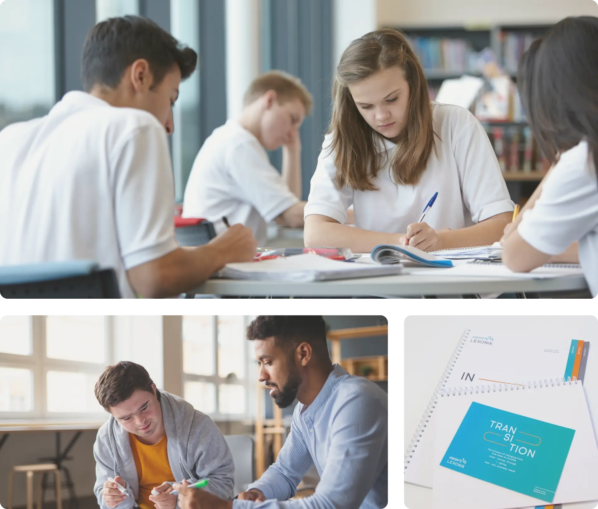 students writing at their desk in school, adults working at a desk and a lexonik post card