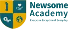 newsome academy logo showing a badge with cogs a heart the globe and a tower displayed