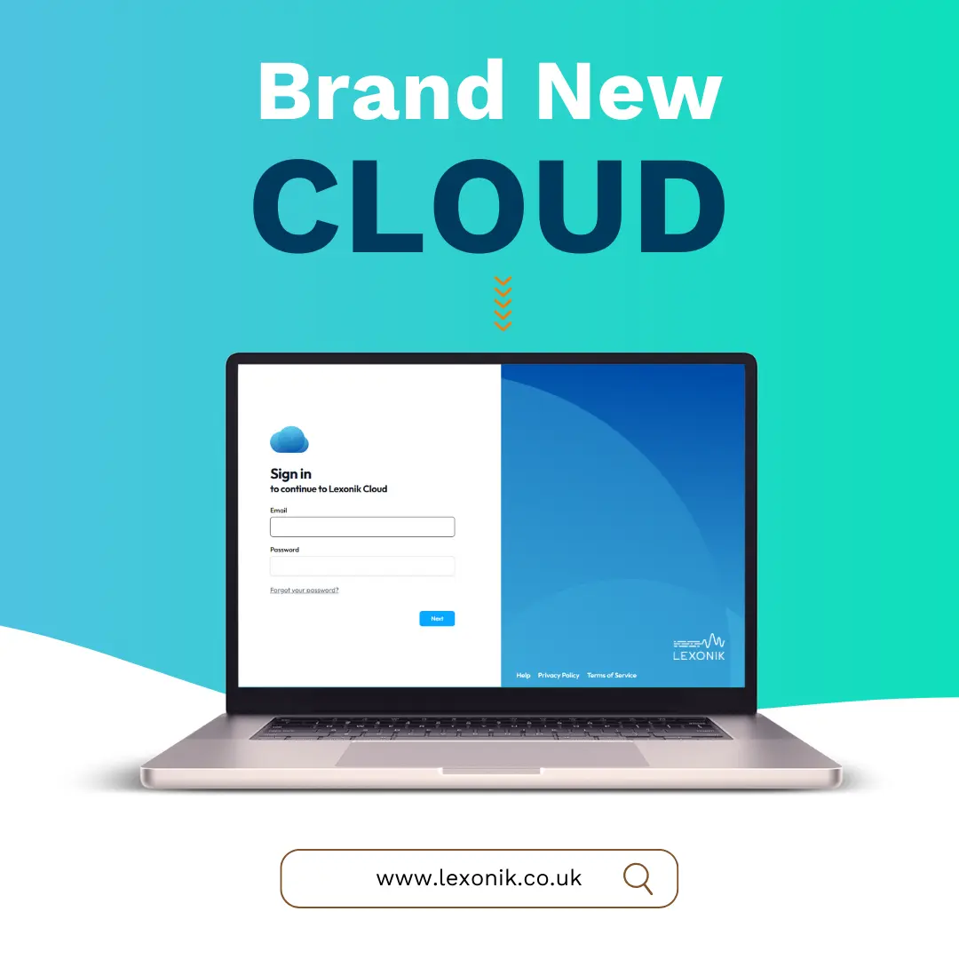 a graphic saying 'brand new cloud' with an open laptop displayed. the screen shows the lexonik cloud sign in page