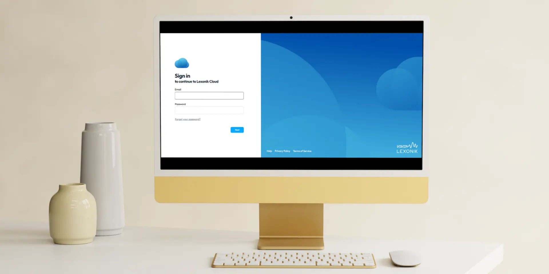 a desktop computer monitor showing the lexonik cloud sign in page on its screen