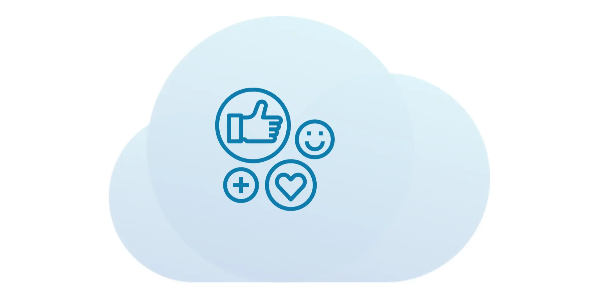 a smiley face, thumbs up, plus and heart symbol graphic over a graphic of a cloud