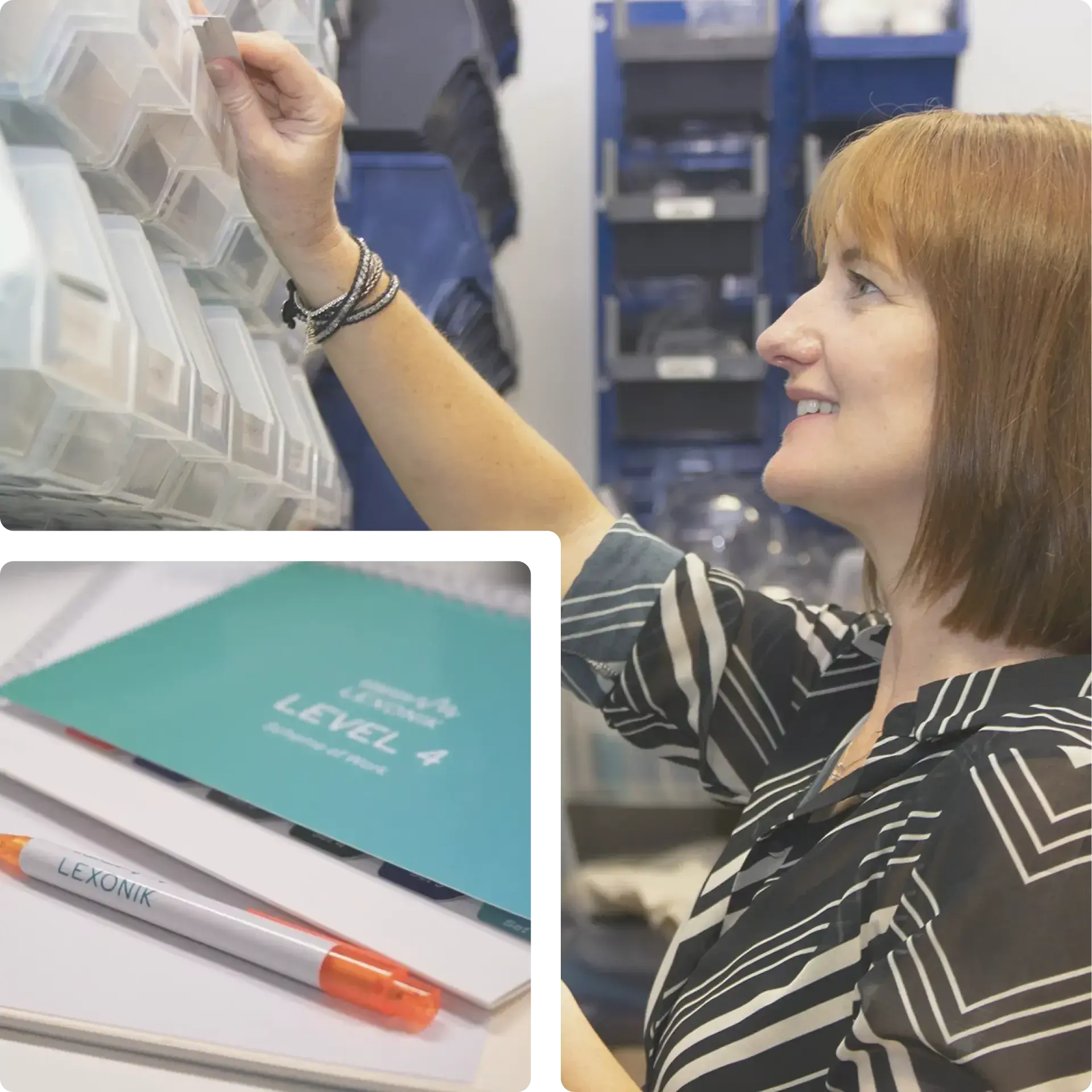 a teacher looking through her resources and a lexonik work book