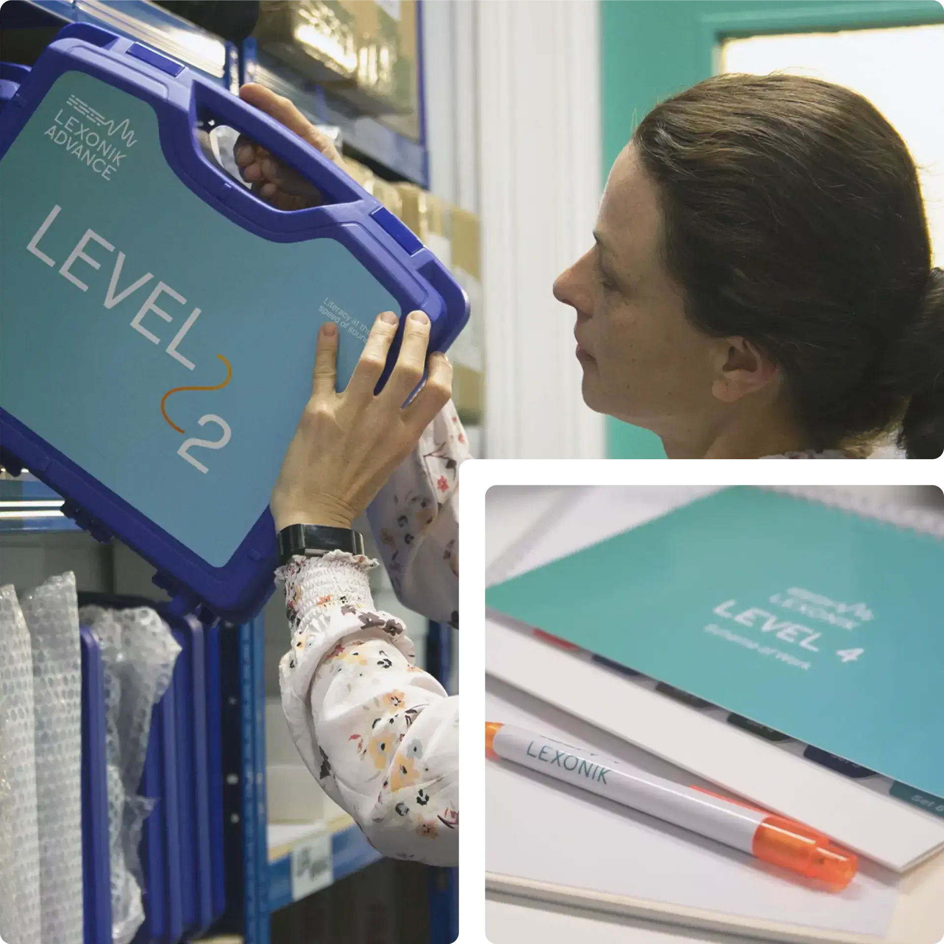 a woman putting teaching resources on to a shelf and a lexonik work book