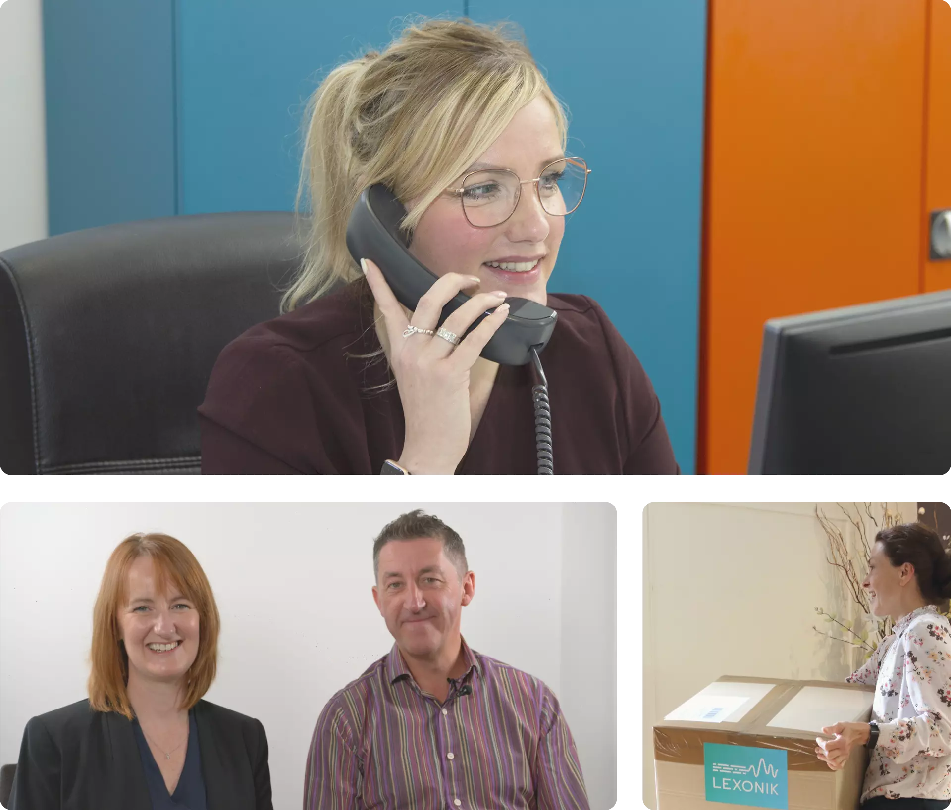 three panels with a blonde woman on the phone, two business people smiling and a woman delivering a package
