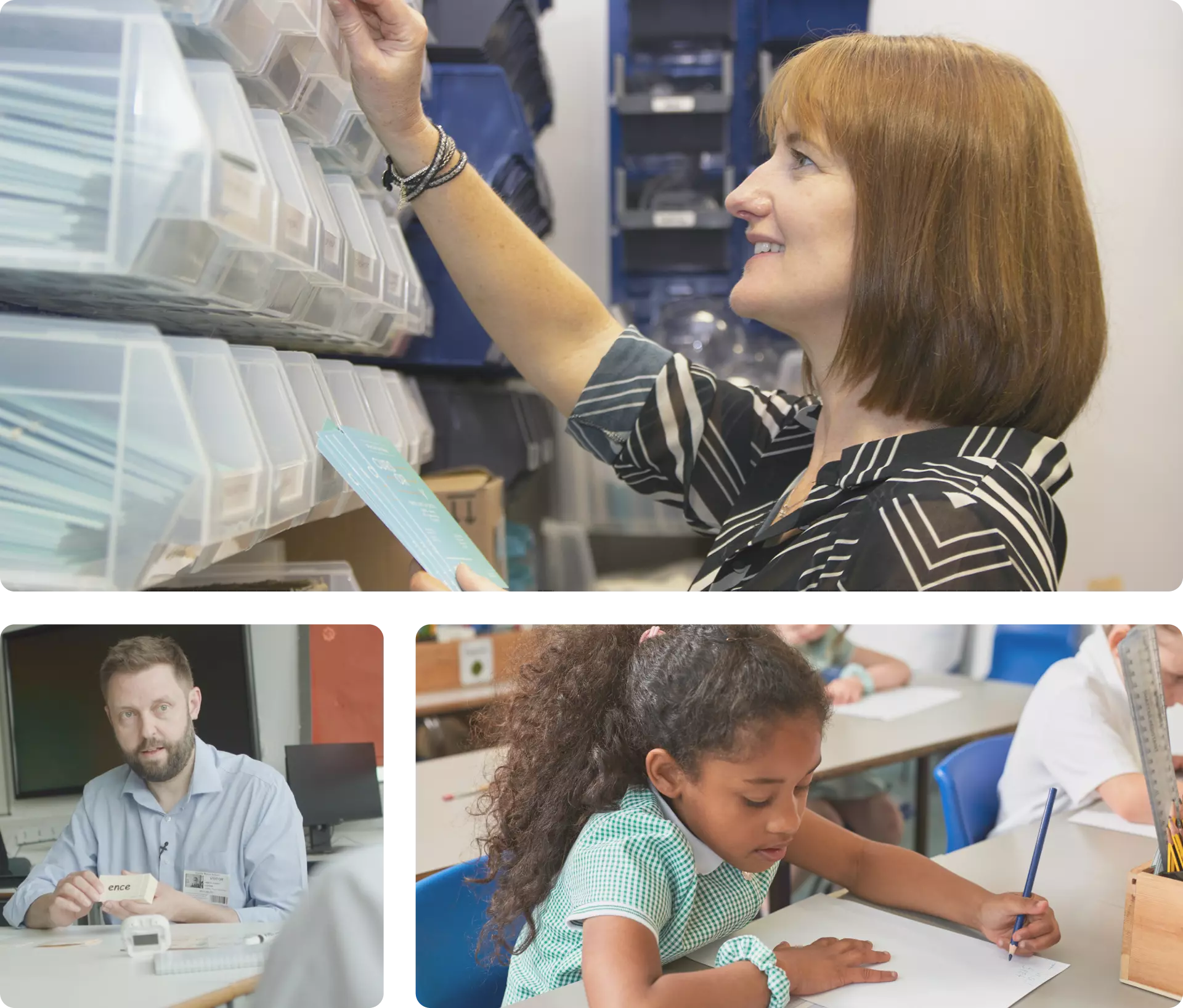3 panels of photos showing a teacher looking at resources a teacher demonstrating the literacy programme and a primary school student at a desk