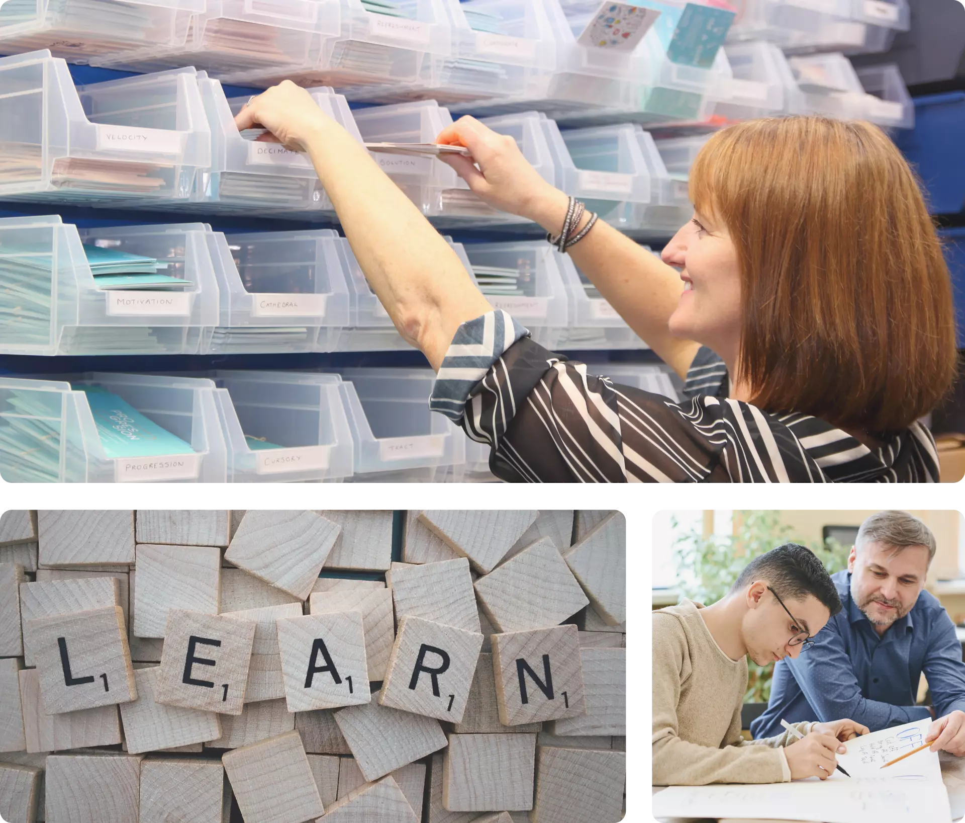 a teacher looking through resources tiles that spell out the word learn and an adult learner taking a test