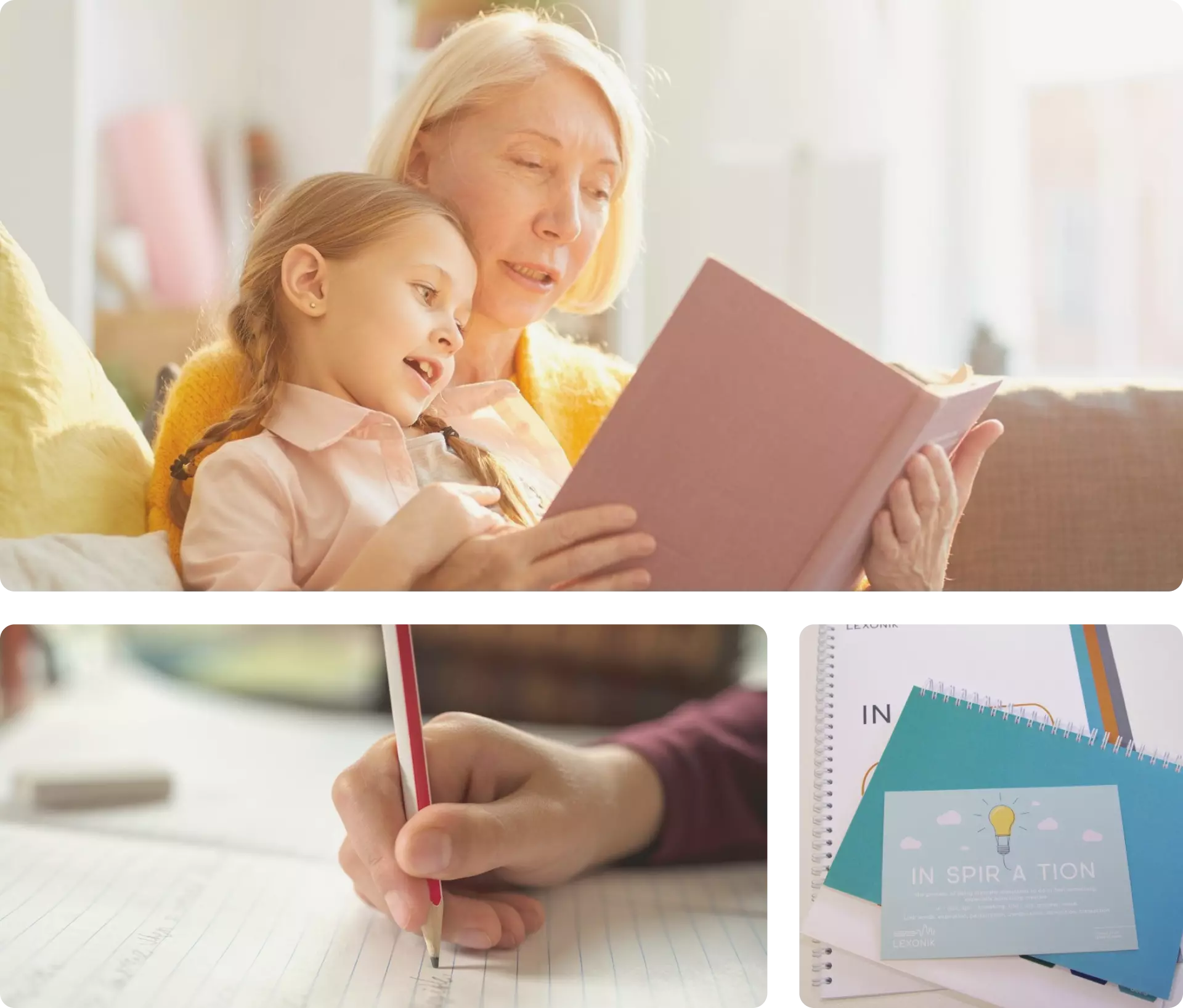 a parent reading with her child a hand writing in the notebook and a stack of teaching resources