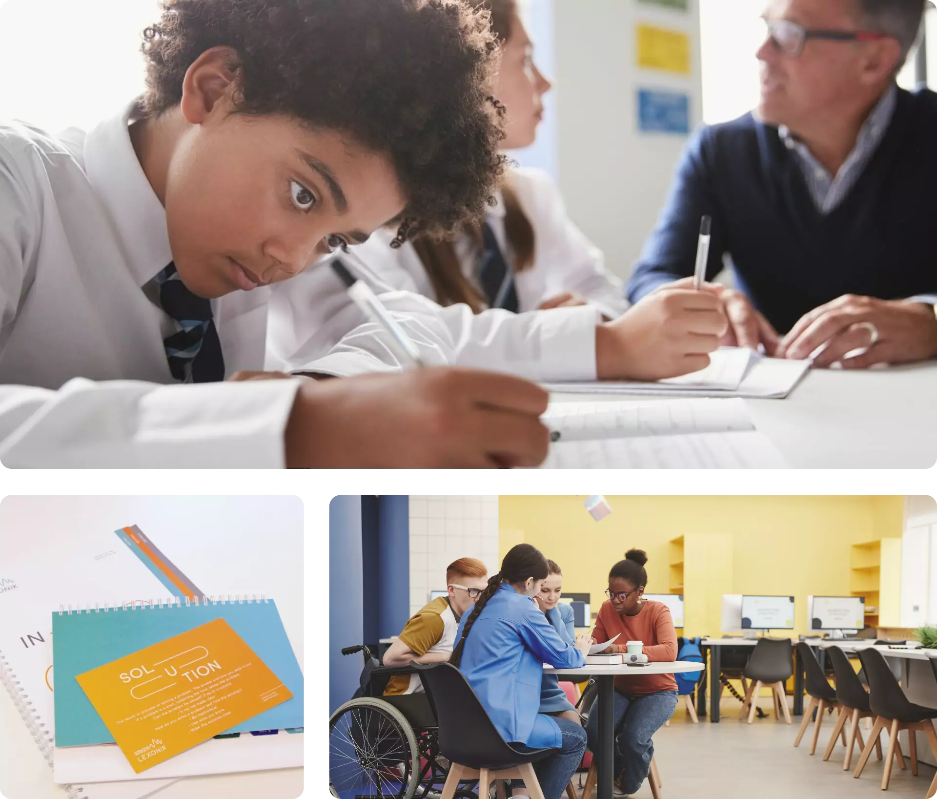 three panels showing a primary school student writing a stack of teaching resources and a disabled learner at a desk