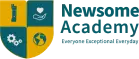 newsome academy logo showing a badge with cogs a heart the globe and a tower displayed