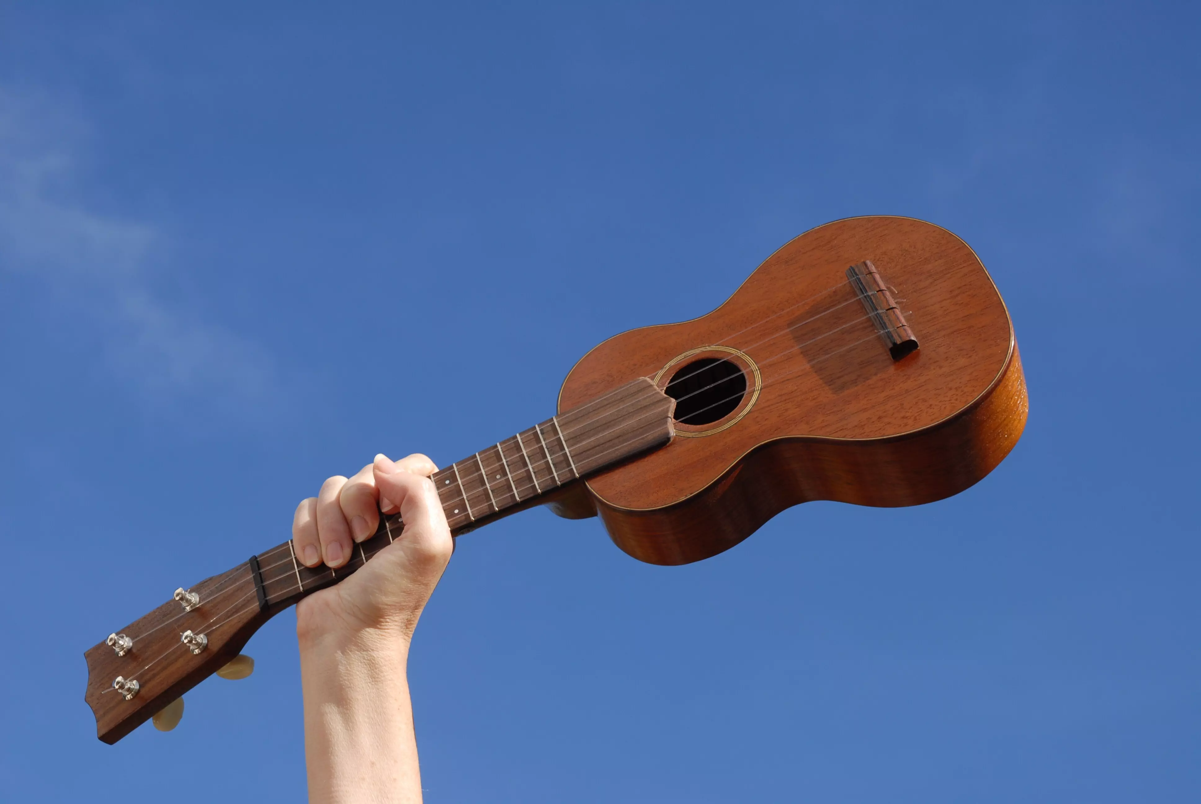 Infographic of a woman holding up a soprano ukulele in the air.