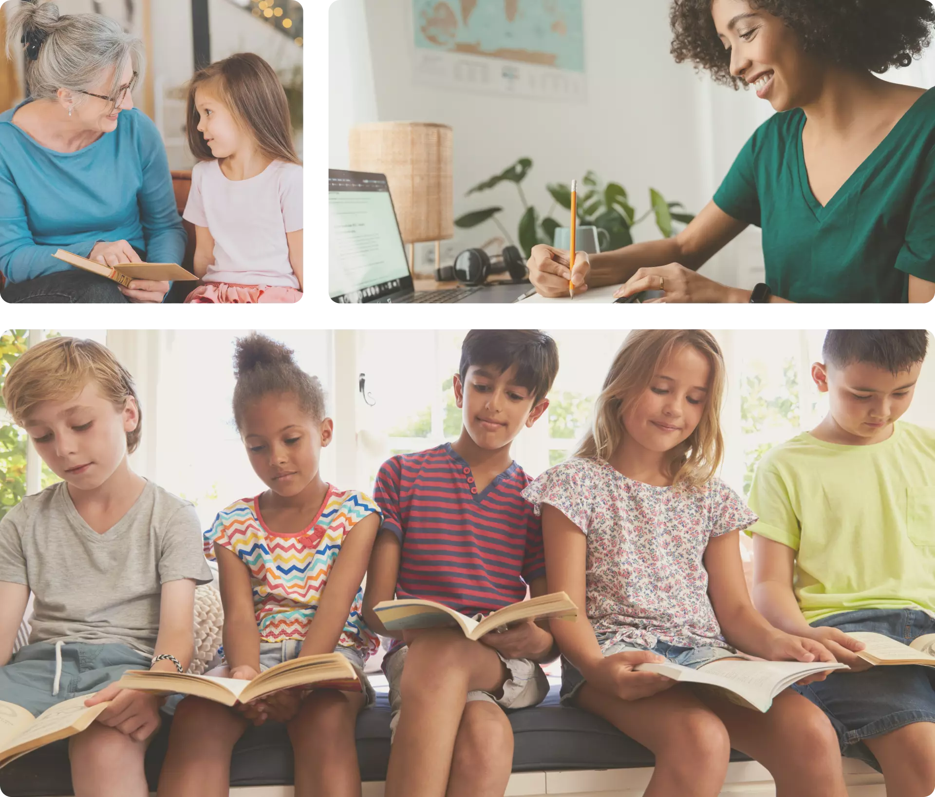Infographic signifies 3 images of American children and families, reading and learning.