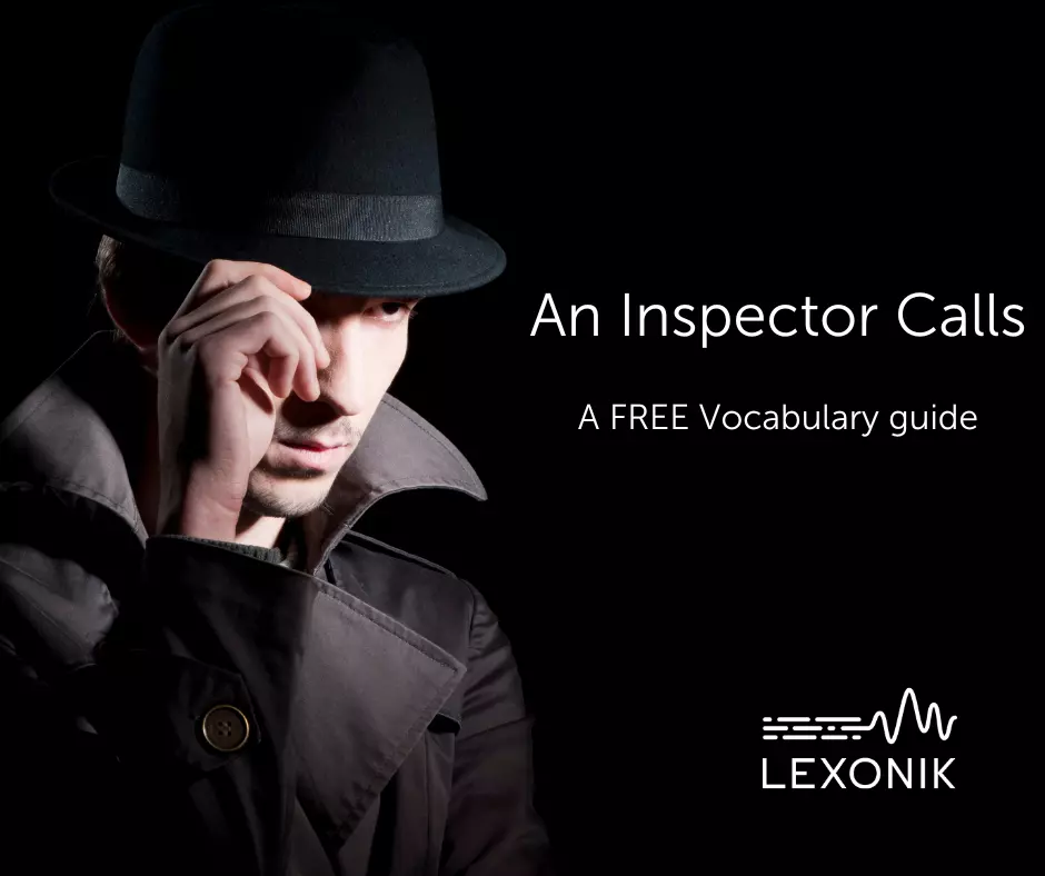 Infographic on a free GCSE vocabulary guide for 'An Inspector Calls' by Lexonik.