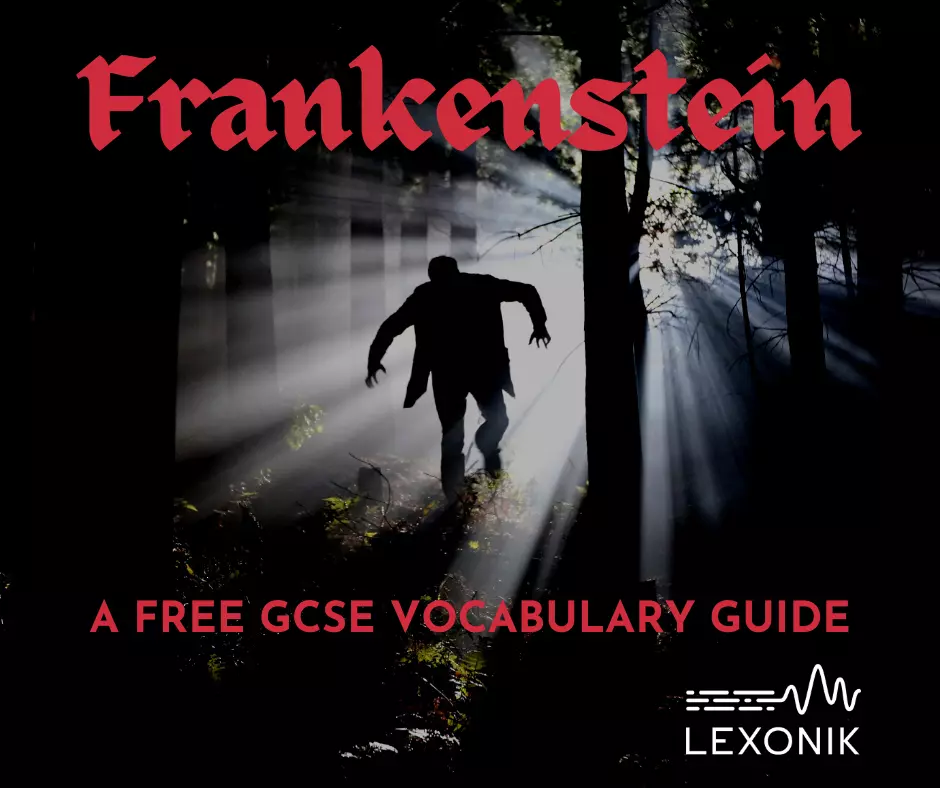 Infographic of a fee GCSE vocabulary guide for Frankenstein by Lexonik.