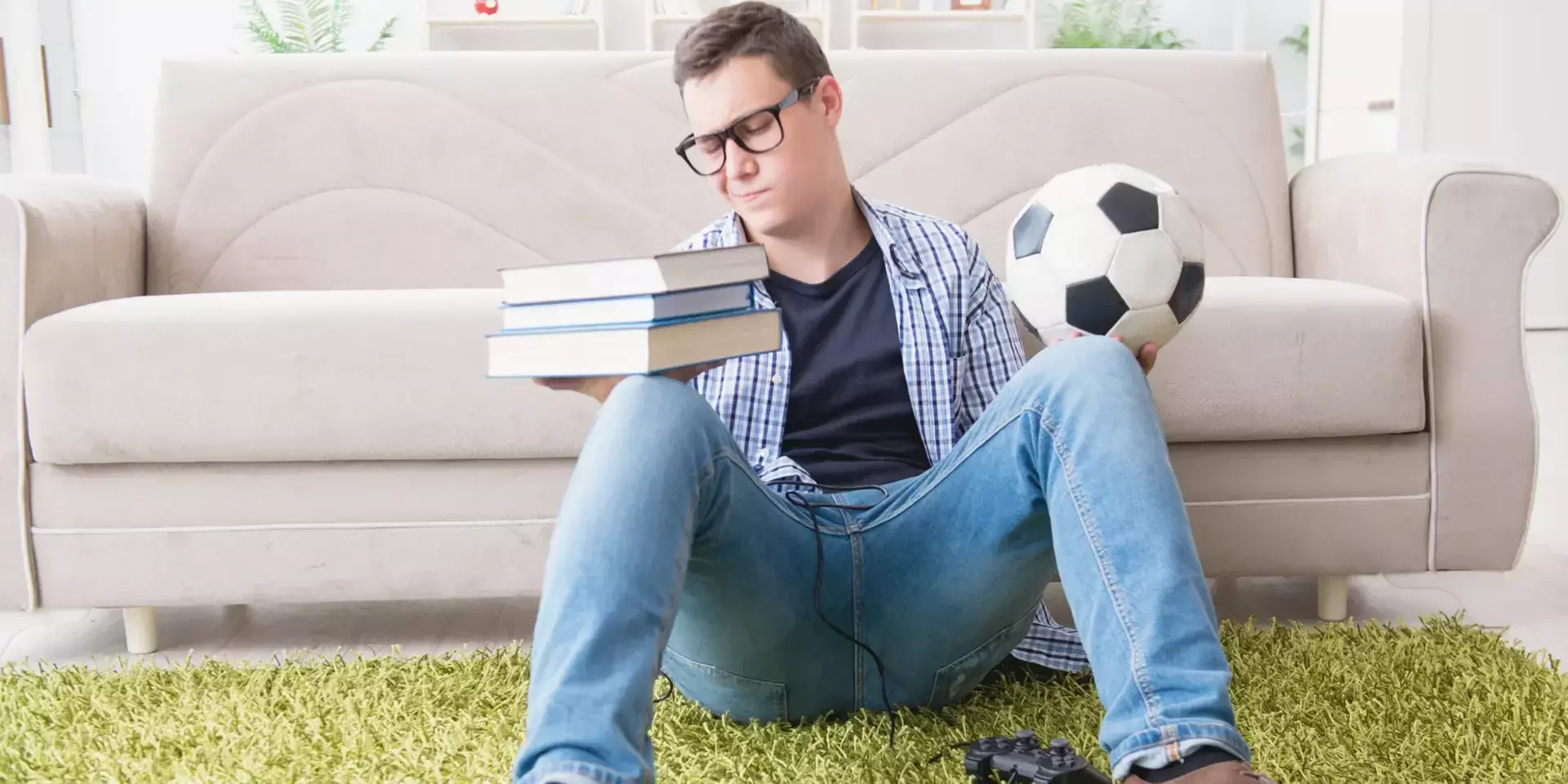 a man sat against a sofa holding a stack of books in one hand and a football in the other