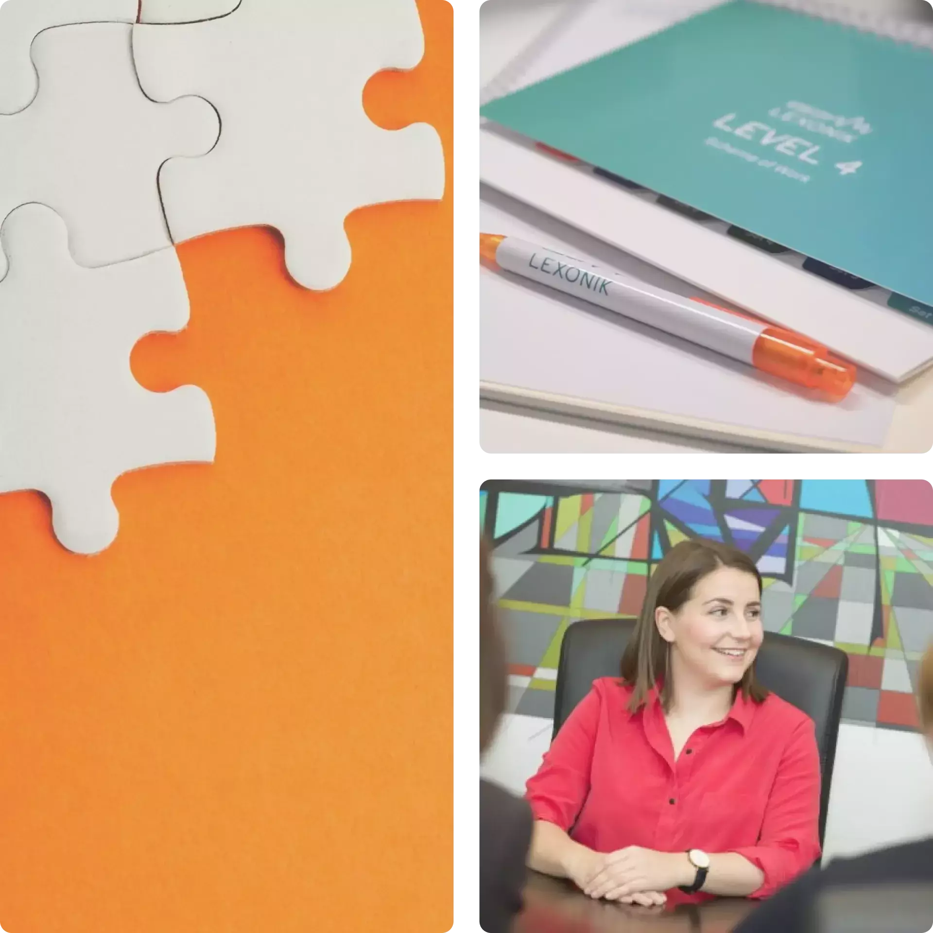 three panels of photos with a jigsaw, a lexonik resource book and a business person sitting